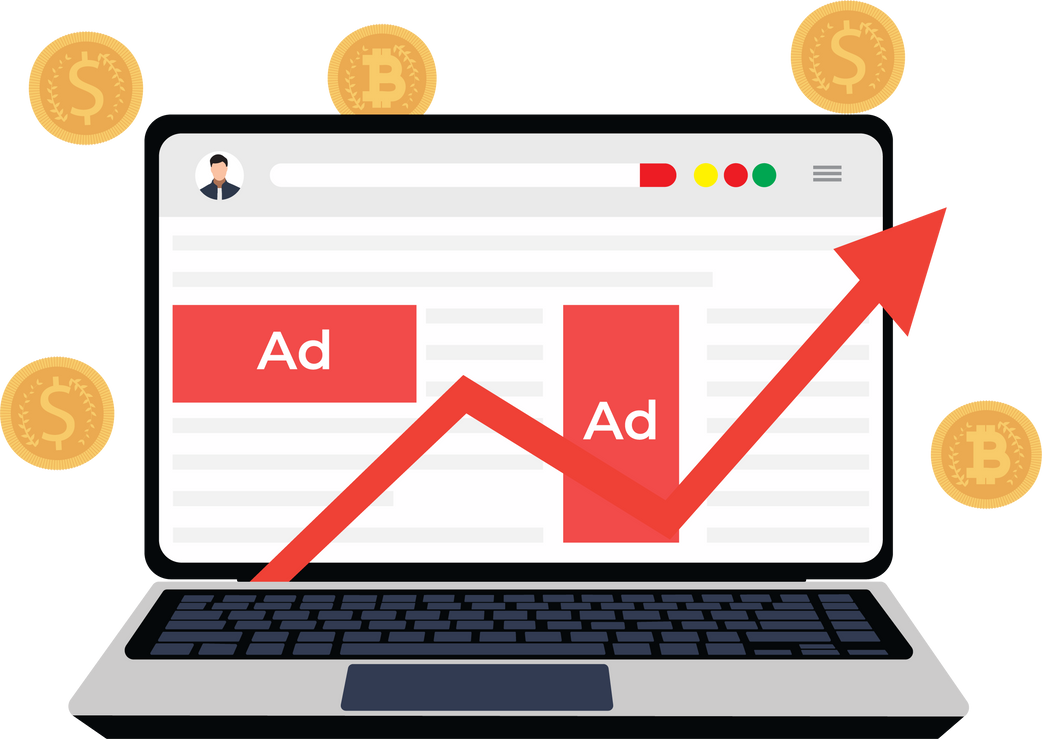 Earning from advertisements on websites or social media platforms. Earning from ads concept with a laptop vector.